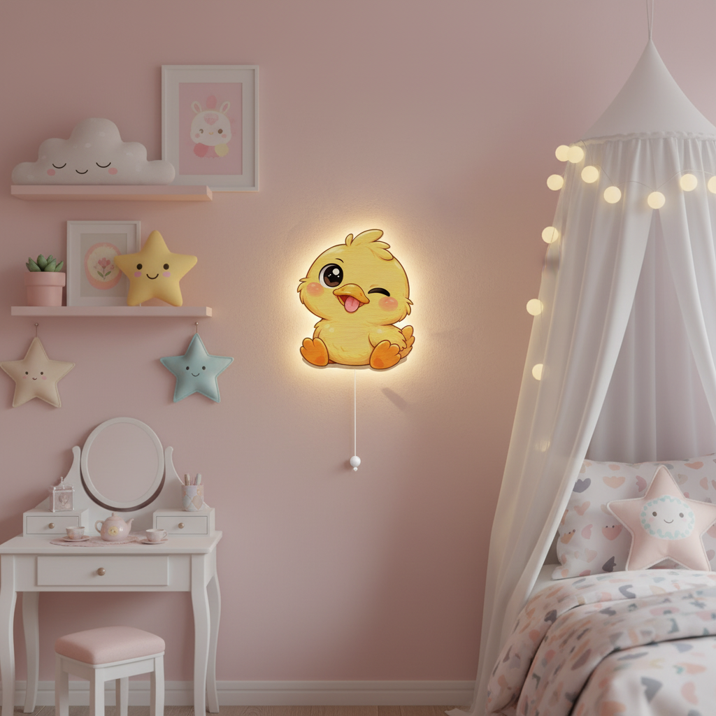 Neşeli Civciv Led Işıklı Bebek Odası Ahşap Duvar Dekoru - Gece Lambası