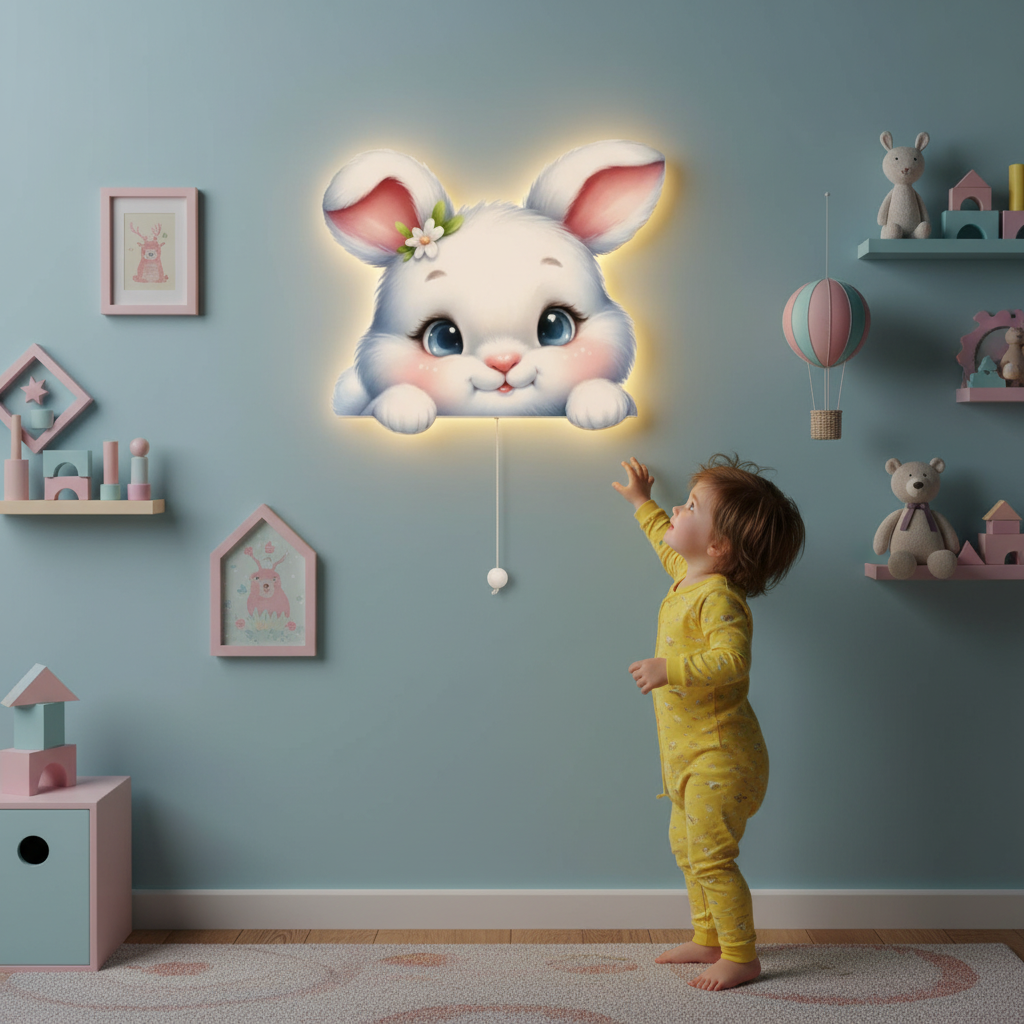 Tavşan Pilli Led Işıklı Bebek Odası Ahşap Duvar Dekoru - Gece Lambası