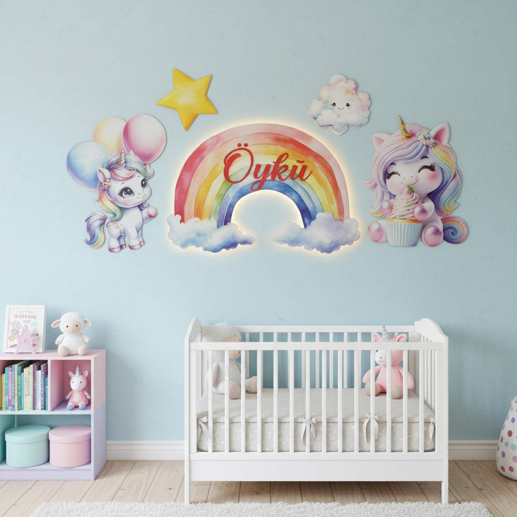 Kişiye Özel İsimli Unicorn Gökkuşağı 5 Parça Set, Led Işıklı Bebek Odası Ahşap Duvar Dekoru-İsim için Whatsapptan mesaj Atınız- - Gece Lambası