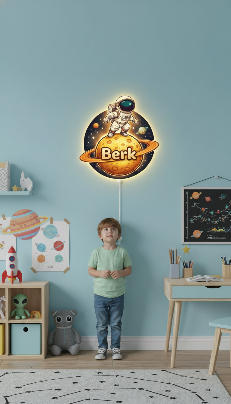 Kişiye Özel İsimli Astronot Pilli Led Işıklı Bebek Odası Ahşap Duvar Dekoru-İsim için Whatsapptan mesaj Atınız- - Gece Lambası