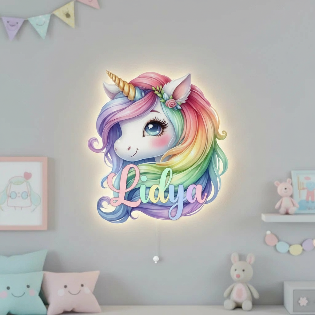 Kişiye Özel İsimli Unicorn Pilli Led Işıklı Bebek Odası Ahşap Duvar Dekoru-İsim için Whatsapptan mesaj Atınız- - Gece Lambası