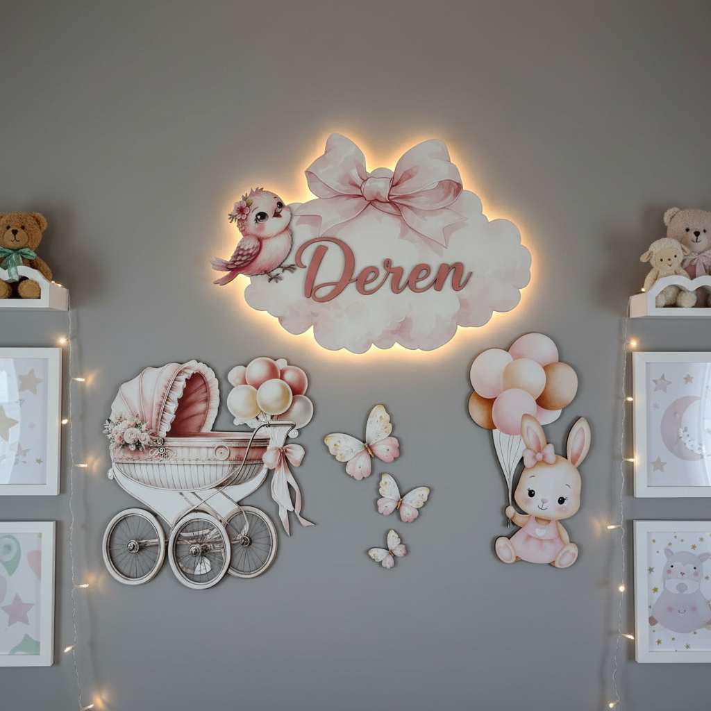 Kişiye Özel İsimli Tavşan Bebek Arabası 6lı Set, Kelebekler Dahil, Led Işıklı Bebek Odası Ahşap Duvar Dekoru-İsim için Whatsapptan mesaj Atınız- - Gece Lambası