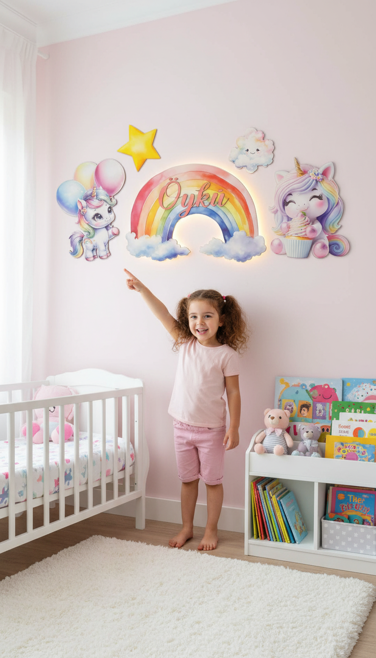 Kişiye Özel İsimli Unicorn Gökkuşağı 5 Parça Set, Led Işıklı Bebek Odası Ahşap Duvar Dekoru-İsim için Whatsapptan mesaj Atınız- - Gece Lambası