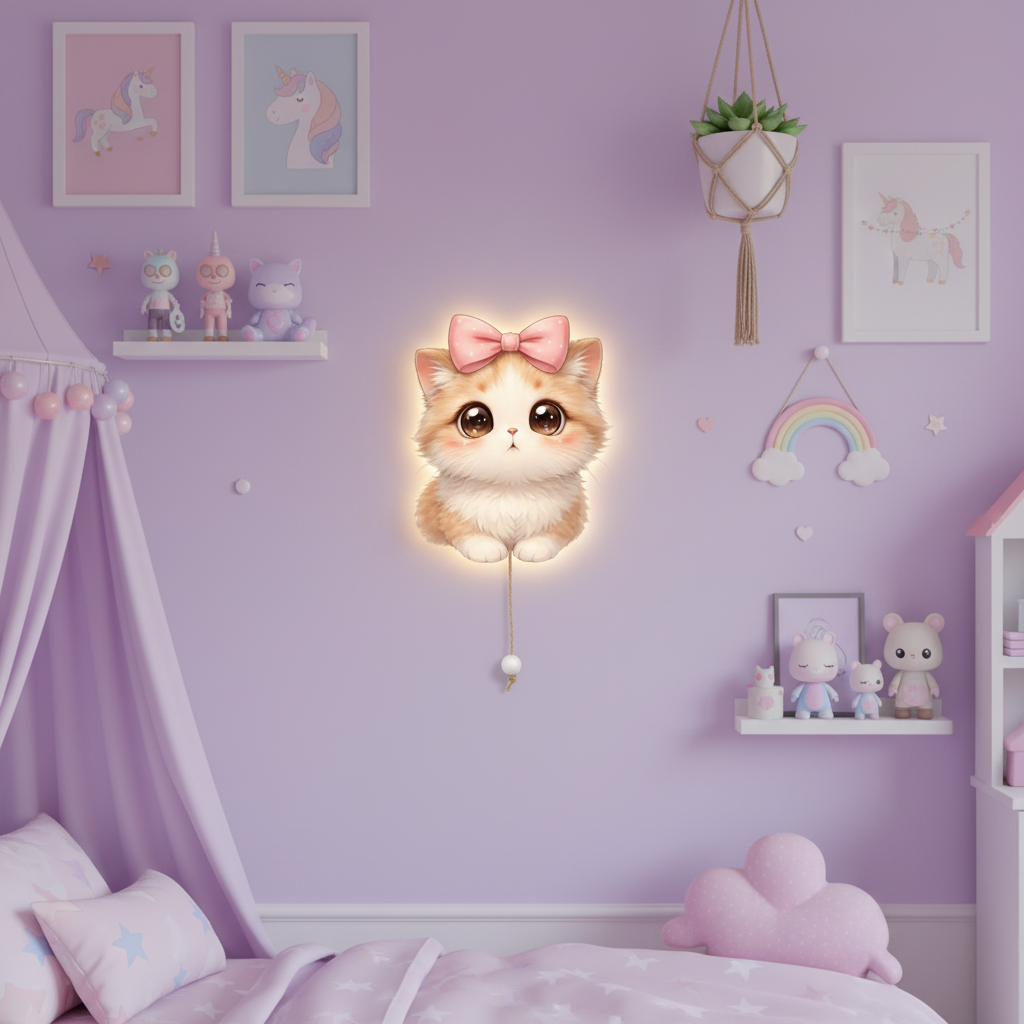 Masum Kedicik Led Işıklı Bebek Odası Ahşap Duvar Dekoru - Gece Lambası