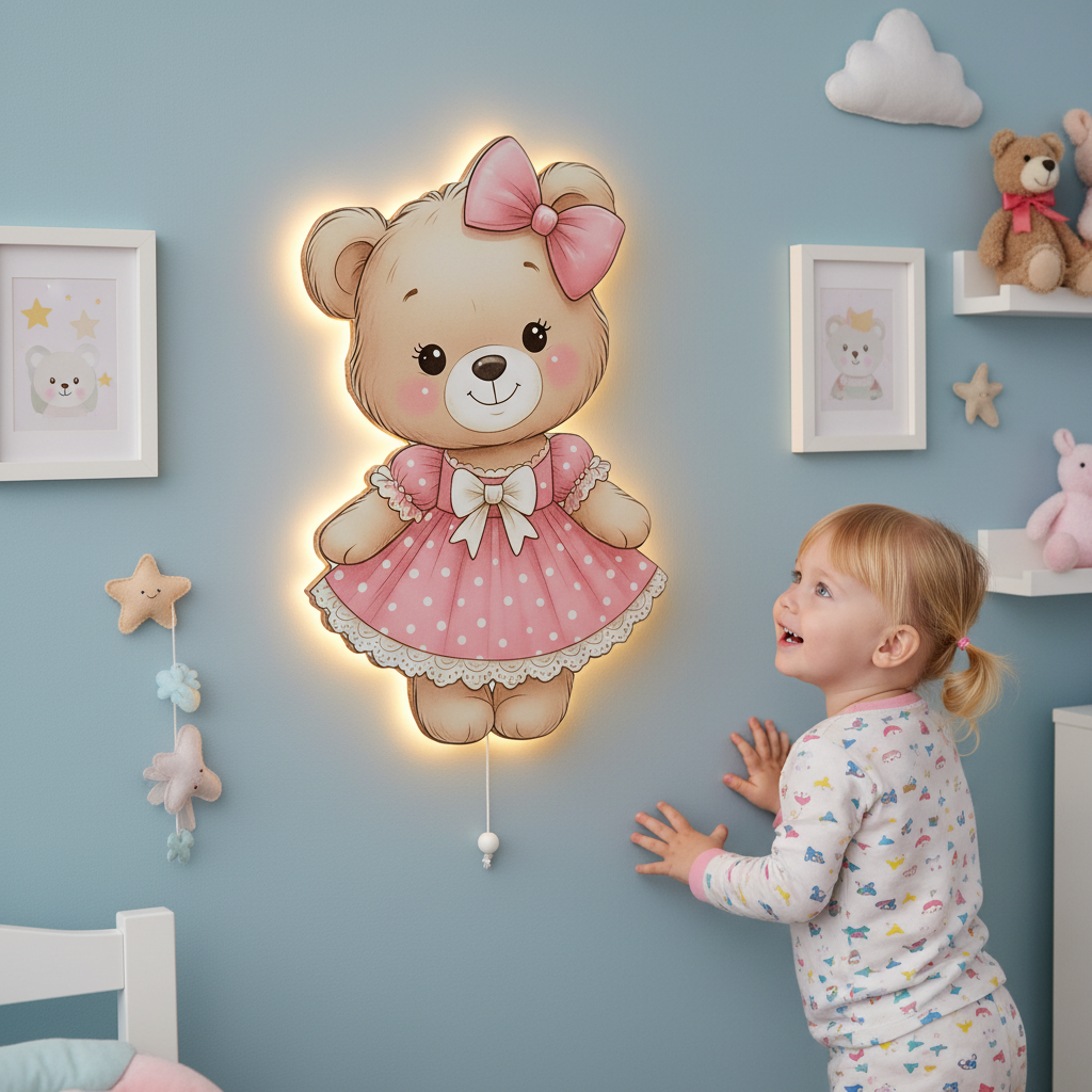 Ayıcık Pilli Led Işıklı Bebek Odası Ahşap Duvar Dekoru - Gece Lambası