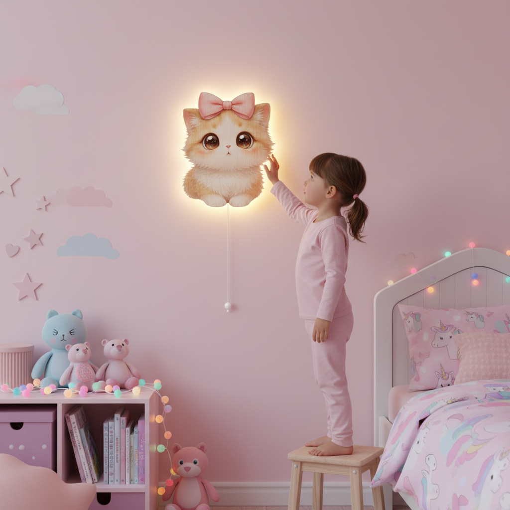 Masum Kedicik Led Işıklı Bebek Odası Ahşap Duvar Dekoru - Gece Lambası
