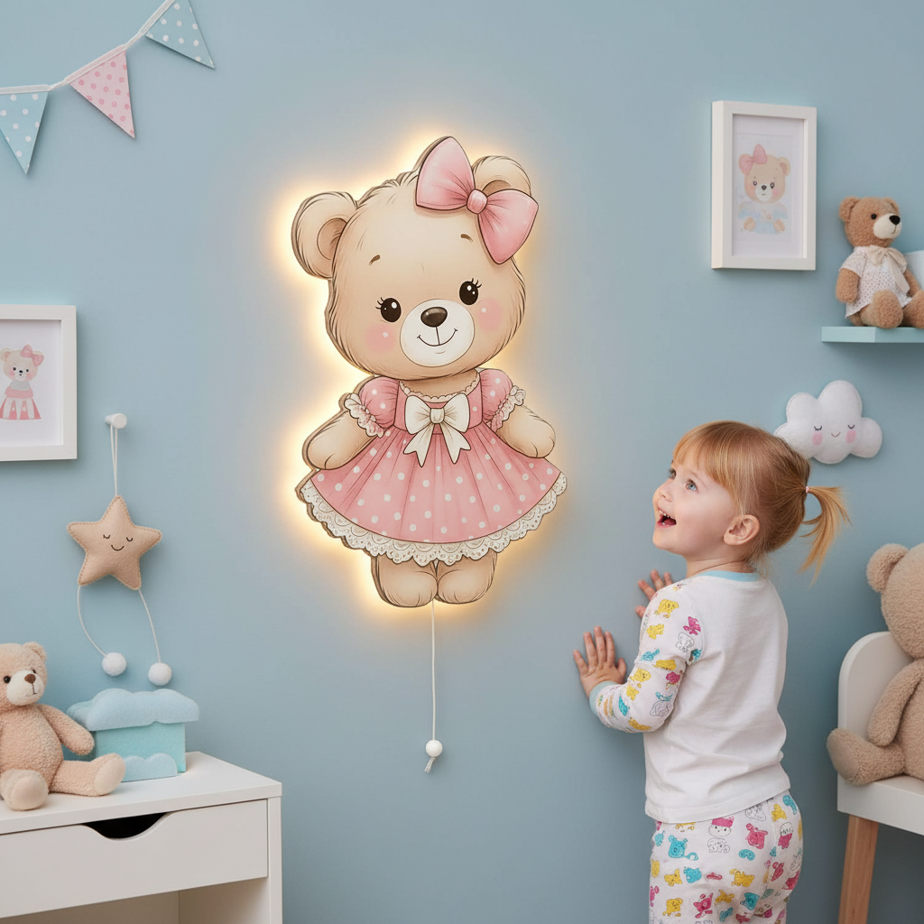 Ayıcık Pilli Led Işıklı Bebek Odası Ahşap Duvar Dekoru - Gece Lambası