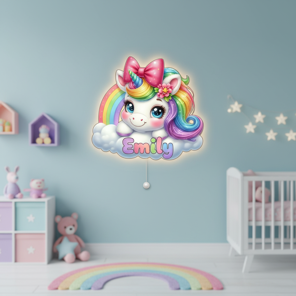 Kişiye Özel İsimli Unicorn Pilli Led Işıklı Bebek Odası Ahşap Duvar Dekoru-İsim için Whatsapptan mesaj Atınız- - Gece Lambası