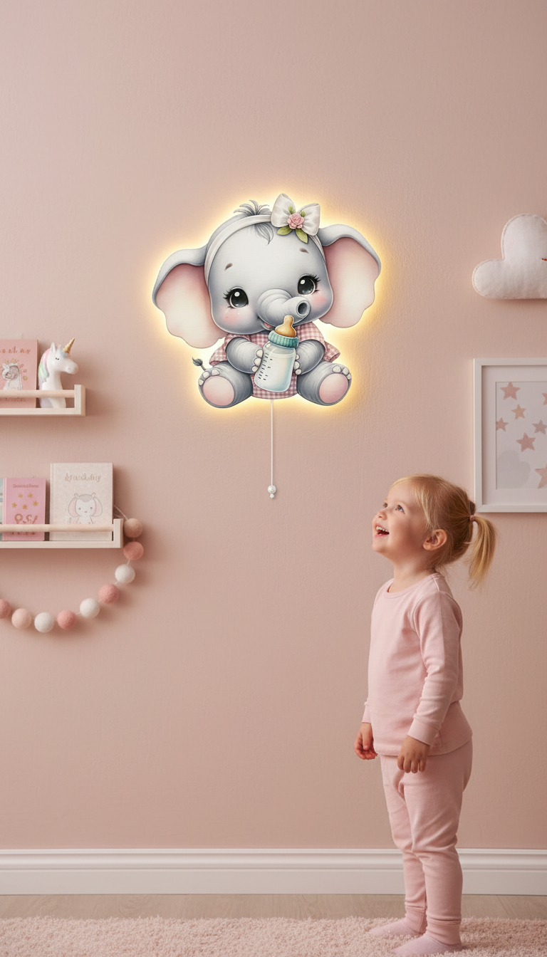 Fil Pilli Led Işıklı Bebek Odası Ahşap Duvar Dekoru - Gece Lambası