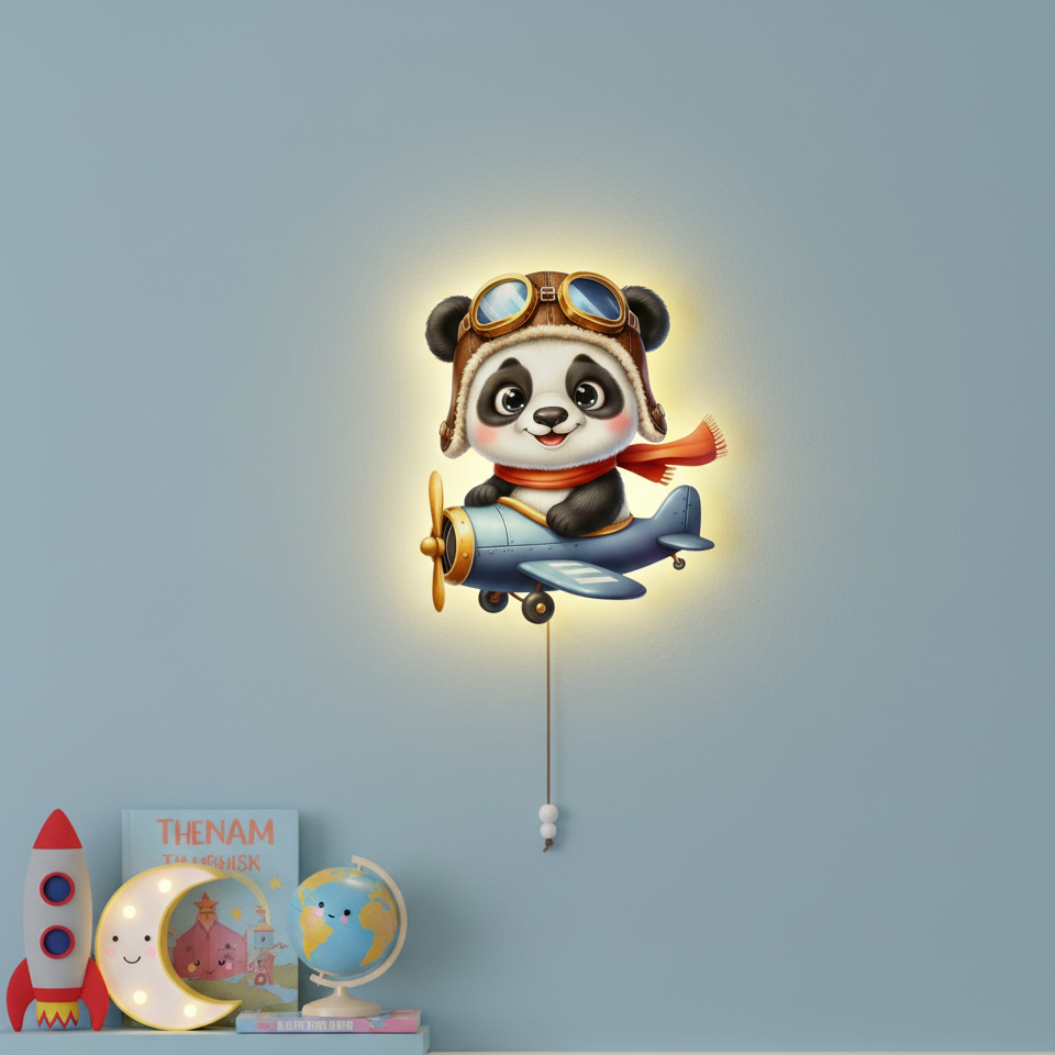 Uçan Panda Led Işıklı Bebek Odası Ahşap Duvar Dekoru - Gece Lambası