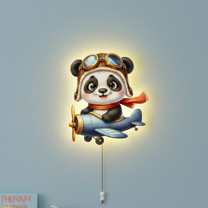Uçan Panda Led Işıklı Bebek Odası Ahşap Duvar Dekoru - Gece Lambası
