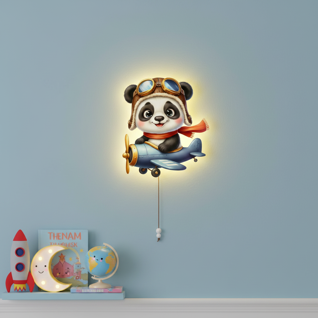 Uçan Panda Led Işıklı Bebek Odası Ahşap Duvar Dekoru - Gece Lambası