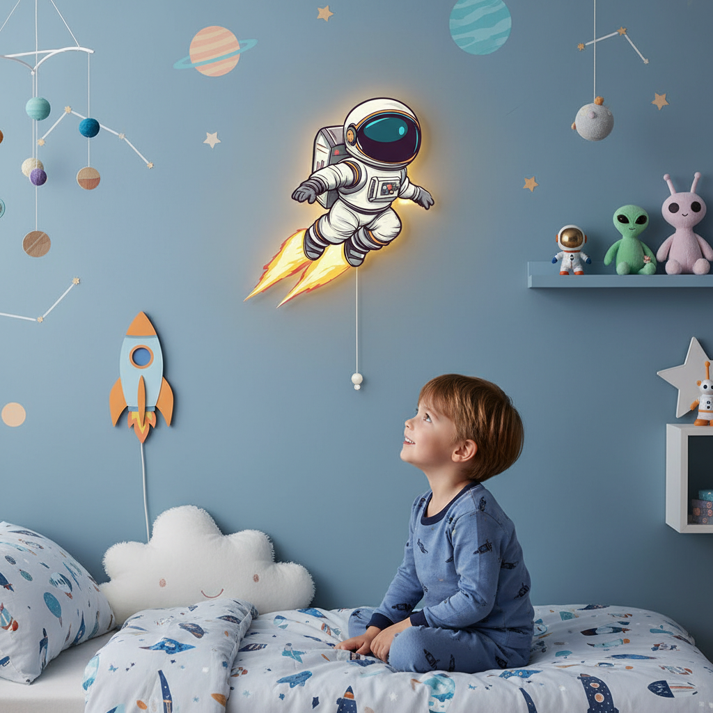Uçan Astronot Led Işıklı Bebek Odası Ahşap Duvar Dekoru - Gece Lambası