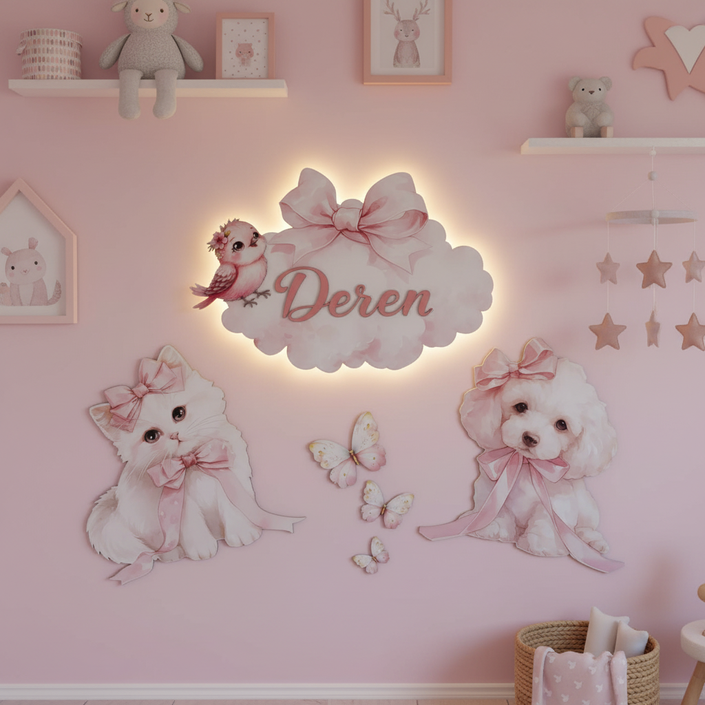Kişiye Özel İsimli Kedi ve Köpek 6lı Set, Kelebekler Dahil, Led Işıklı Bebek Odası Ahşap Duvar Dekoru-İsim için Whatsapptan mesaj Atınız- - Gece Lambası