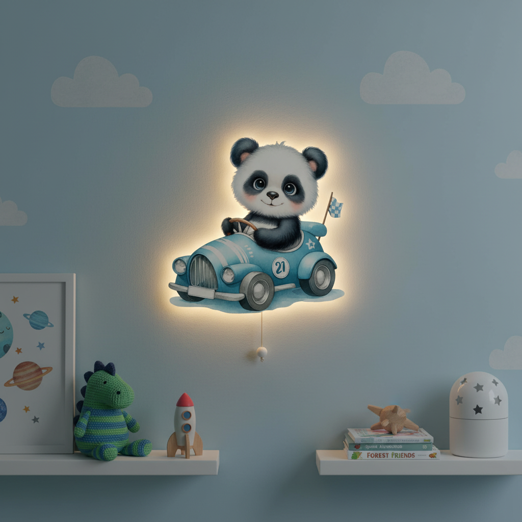 Yarışçı Panda Led Işıklı Bebek Odası Ahşap Duvar Dekoru - Gece Lambası