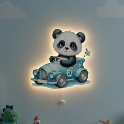 Yarışçı Panda Led Işıklı Bebek Odası Ahşap Duvar Dekoru - Gece Lambası