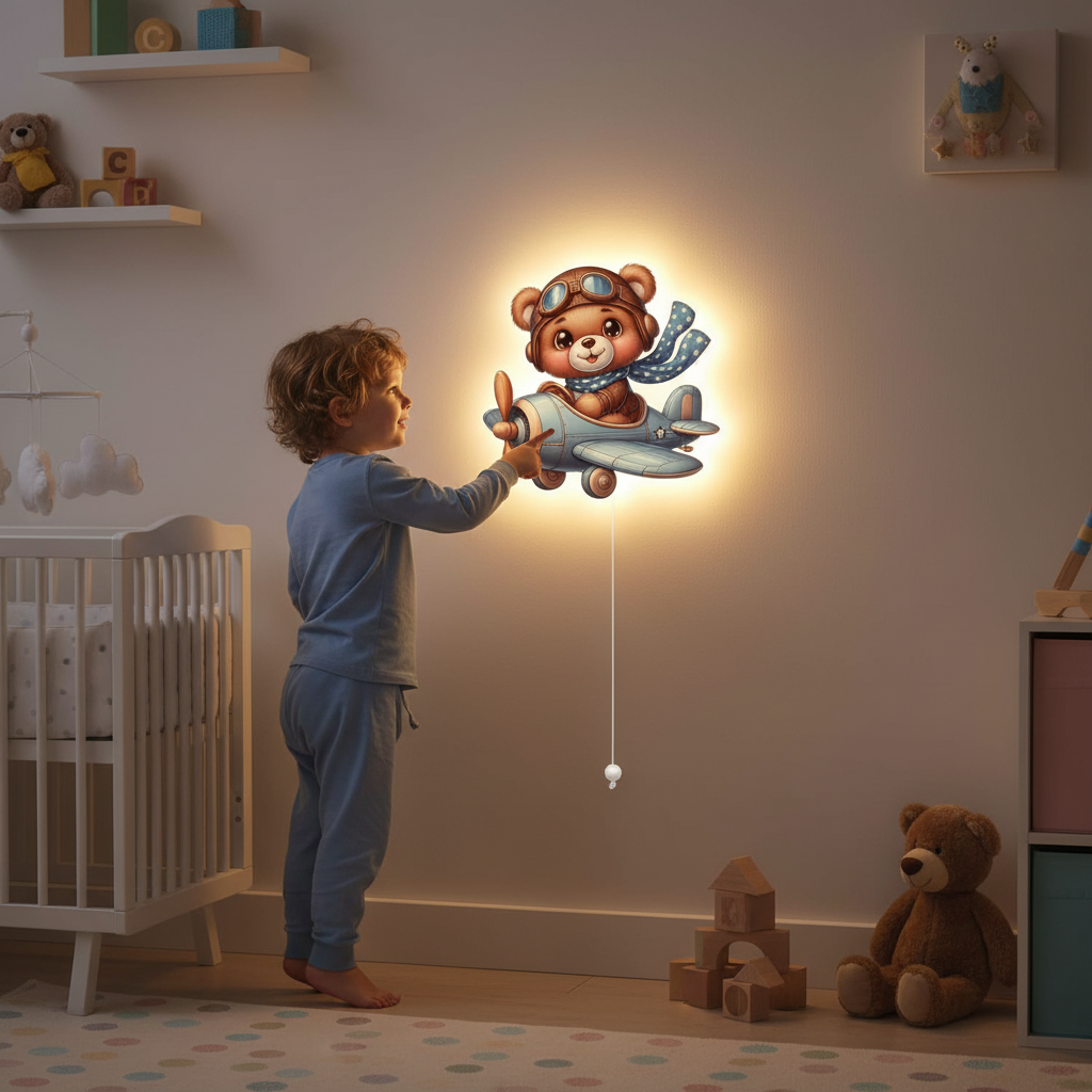Uçan Ayıcık Pilli Led Işıklı Bebek Odası Ahşap Duvar Dekoru - Gece Lambası