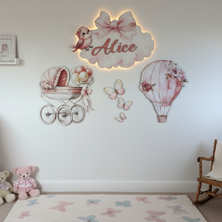 Kişiye Özel İsimli Bulut Balon Bebek Arabası 6lı Set, Kelebekler DAHİL, Led Işıklı Bebek Odası Ahşap Duvar Dekoru-İsim için Whatsapptan mesaj Atınız- - Gece Lambası