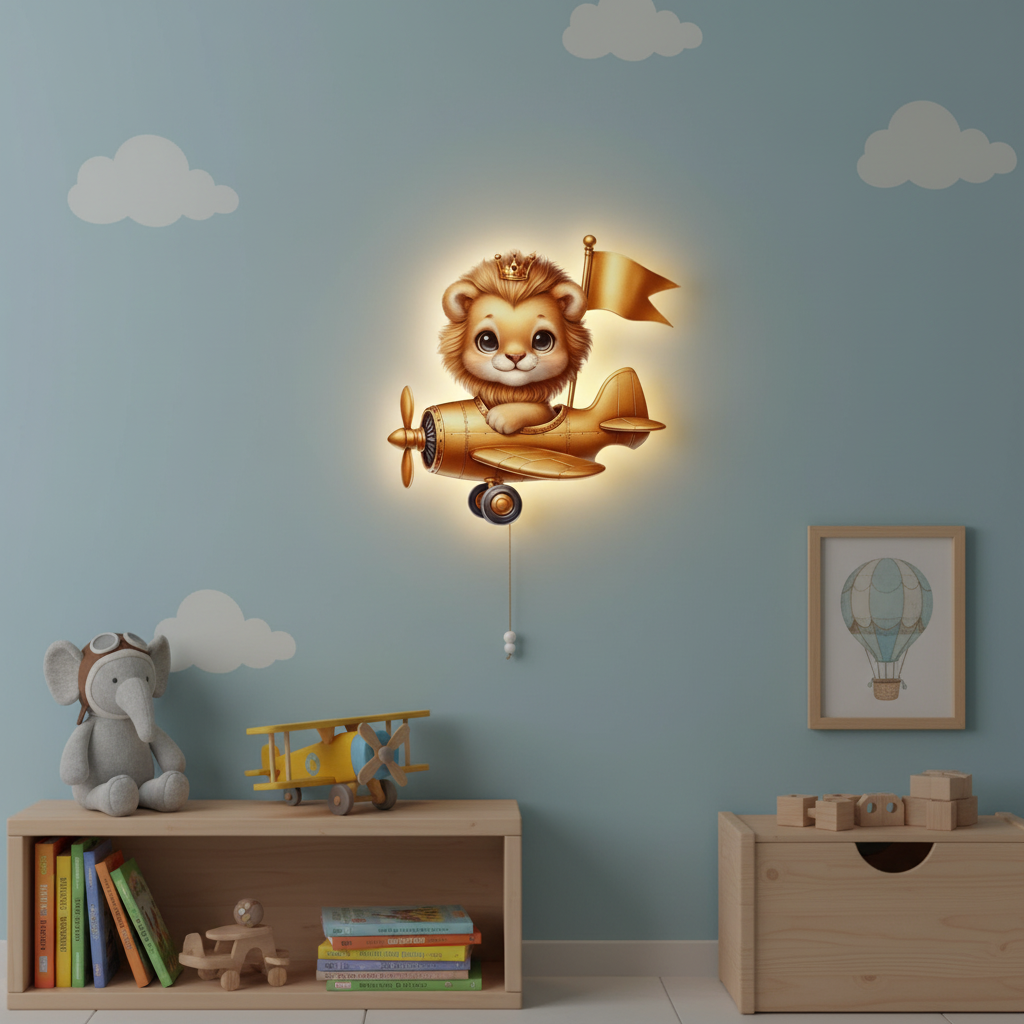 Uçan Altın Aslan Led Işıklı Bebek Odası Ahşap Duvar Dekoru - Gece Lambası