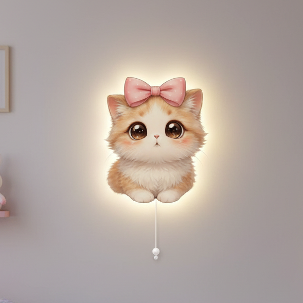 Masum Kedicik Led Işıklı Bebek Odası Ahşap Duvar Dekoru - Gece Lambası