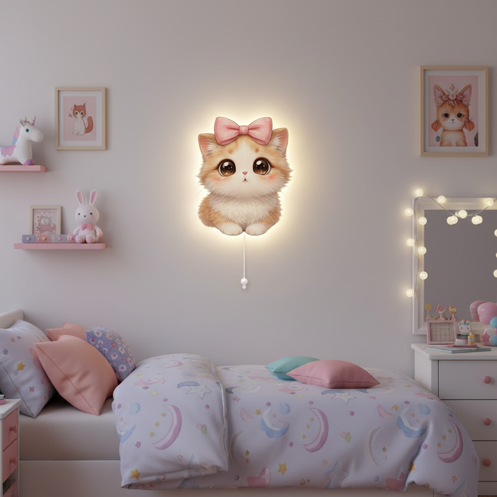Masum Kedicik Led Işıklı Bebek Odası Ahşap Duvar Dekoru - Gece Lambası