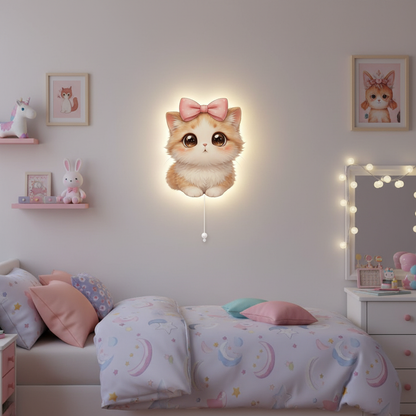 Masum Kedicik Led Işıklı Bebek Odası Ahşap Duvar Dekoru - Gece Lambası