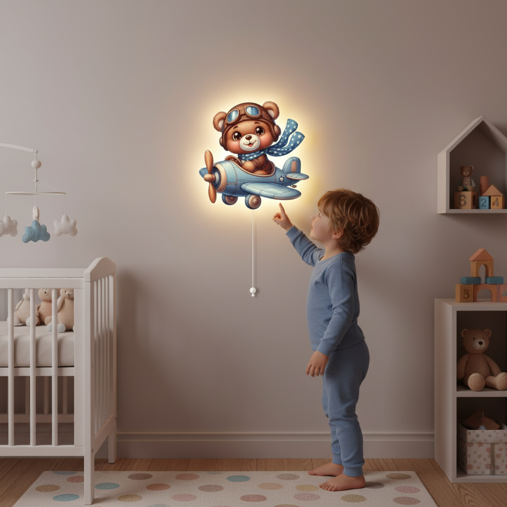 Uçan Ayıcık Pilli Led Işıklı Bebek Odası Ahşap Duvar Dekoru - Gece Lambası