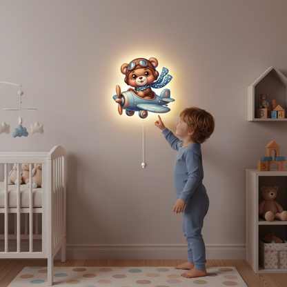 Uçan Ayıcık Pilli Led Işıklı Bebek Odası Ahşap Duvar Dekoru - Gece Lambası