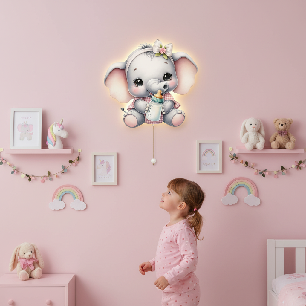 Fil Pilli Led Işıklı Bebek Odası Ahşap Duvar Dekoru - Gece Lambası