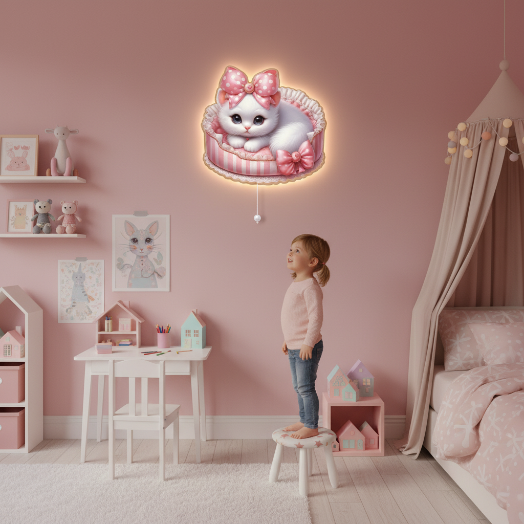 Pembe Kurdeleli Kedi Led Işıklı Bebek Odası Ahşap Duvar Dekoru - Gece Lambası