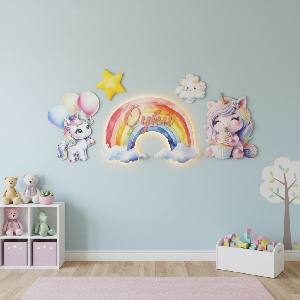 Kişiye Özel İsimli Unicorn Gökkuşağı 5 Parça Set, Led Işıklı Bebek Odası Ahşap Duvar Dekoru-İsim için Whatsapptan mesaj Atınız- - Gece Lambası