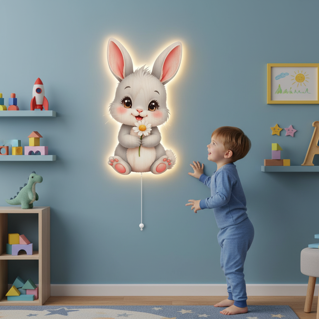 Tavşan Pilli Led Işıklı Bebek Odası Ahşap Duvar Dekoru - Gece Lambası