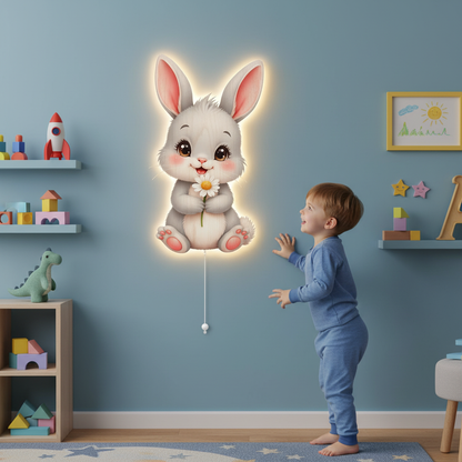 Tavşan Pilli Led Işıklı Bebek Odası Ahşap Duvar Dekoru - Gece Lambası