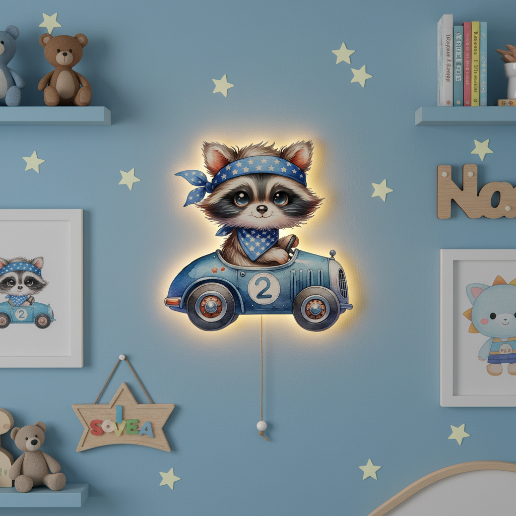 Yarışçı Rakun Led Işıklı Bebek Odası Ahşap Duvar Dekoru - Gece Lambası
