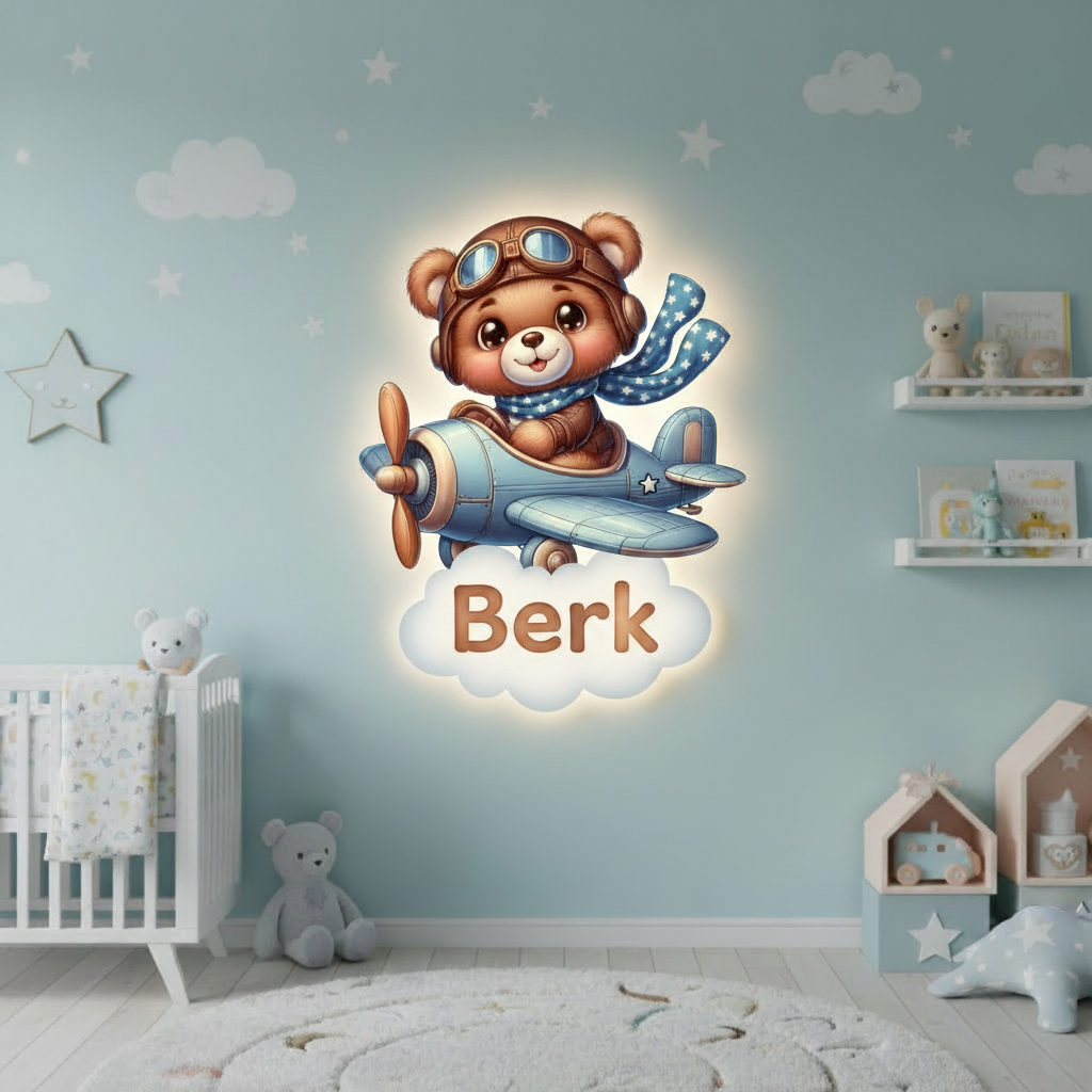 Kişiye Özel İsimli Uçan Ayıcık Pilli Led Işıklı Bebek Odası Ahşap Duvar Dekoru-İsim için Whatsapptan mesaj Atınız- - Gece Lambası