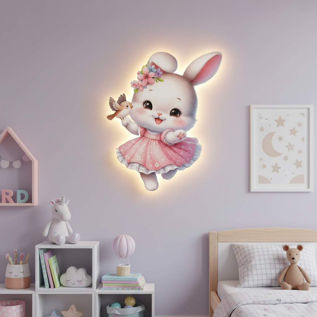 Neşeli Tavşan Led Işıklı Bebek Odası Ahşap Duvar Dekoru - Gece Lambası