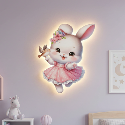 Neşeli Tavşan Led Işıklı Bebek Odası Ahşap Duvar Dekoru - Gece Lambası