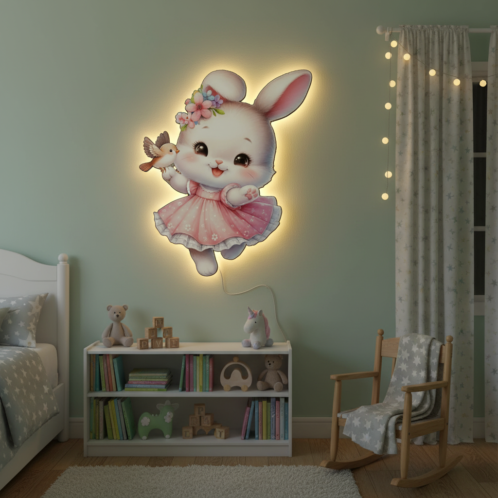 Neşeli Tavşan Led Işıklı Bebek Odası Ahşap Duvar Dekoru - Gece Lambası