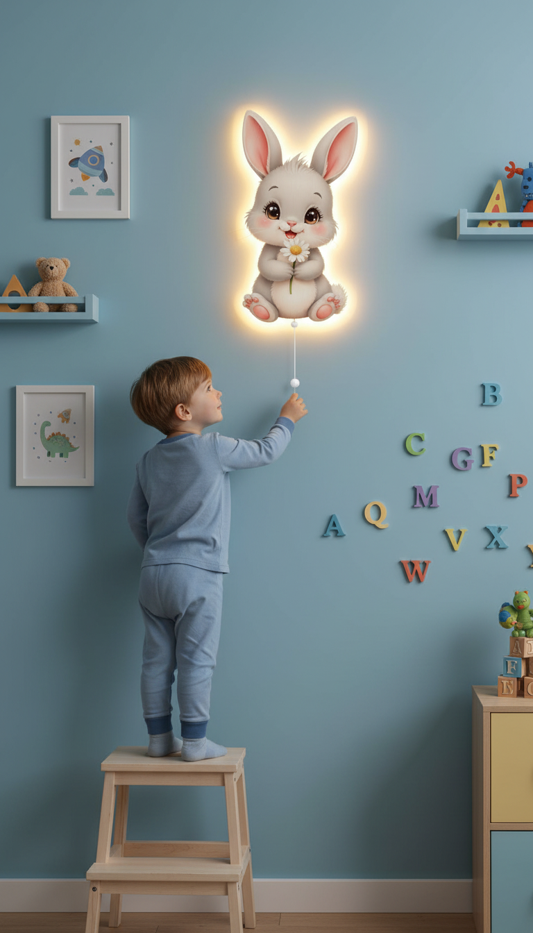 Tavşan Pilli Led Işıklı Bebek Odası Ahşap Duvar Dekoru - Gece Lambası