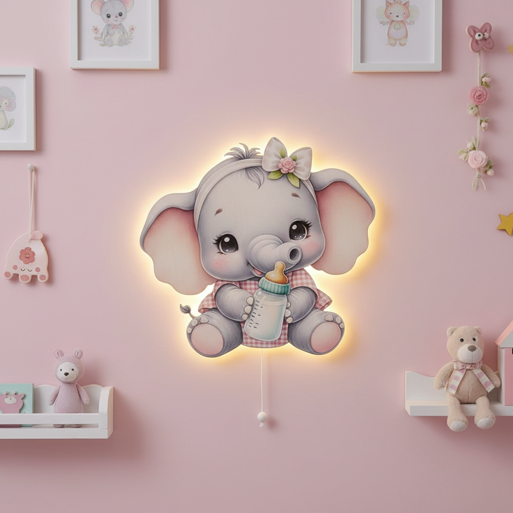 Fil Pilli Led Işıklı Bebek Odası Ahşap Duvar Dekoru - Gece Lambası