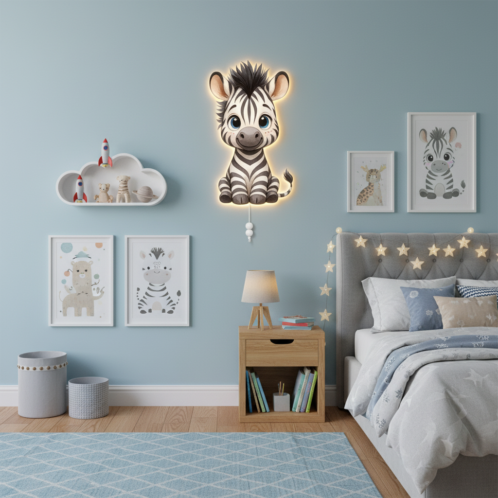Zebra Led Işıklı Bebek Odası Ahşap Duvar Dekoru - Gece Lambası