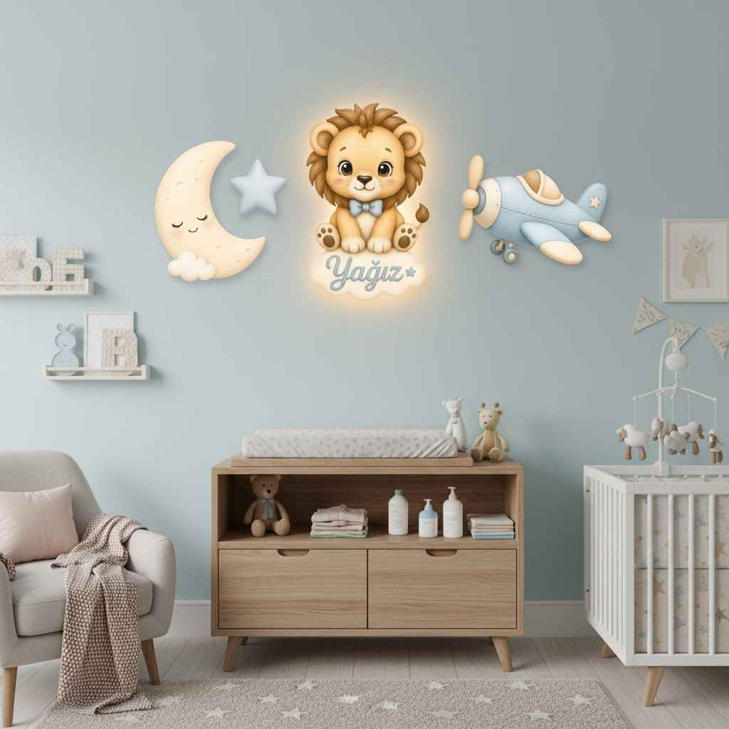 Kişiye Özel İsimli Aslan Ay Uçak Ay Yıldız 4lü Set  Led Işıklı Bebek Odası Ahşap Duvar Dekoru-İsim için Whatsapptan mesaj Atınız- - Gece Lambası