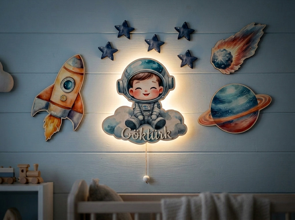 Kişiye Özel İsimli Astronot Roket 9 Parça Set - Led Işıklı Bebek Odası Ahşap Duvar Dekoru-İsim için Whatsapptan mesaj Atınız- - Gece Lambası