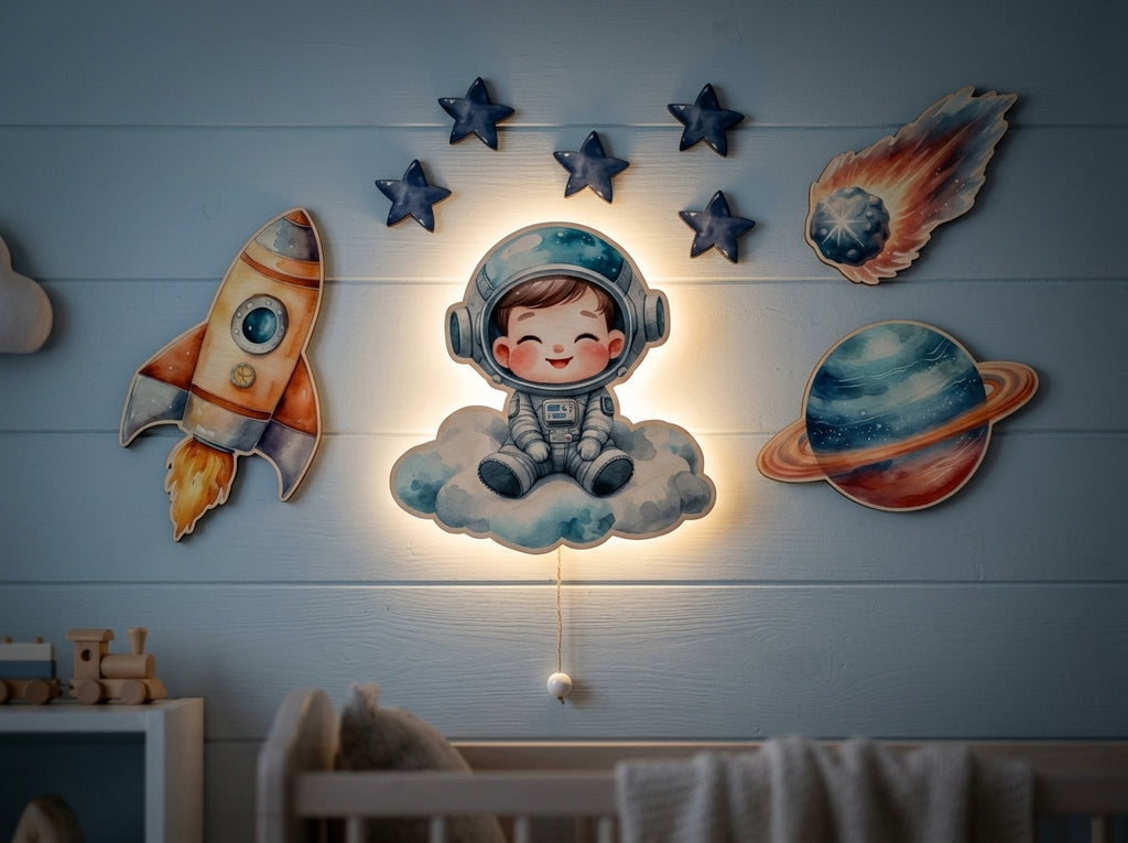 Kişiye Özel İsimli Astronot Roket 9 Parça Set - Led Işıklı Bebek Odası Ahşap Duvar Dekoru-İsim için Whatsapptan mesaj Atınız- - Gece Lambası
