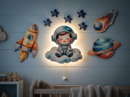 Kişiye Özel İsimli Astronot Roket 9 Parça Set - Led Işıklı Bebek Odası Ahşap Duvar Dekoru-İsim için Whatsapptan mesaj Atınız- - Gece Lambası