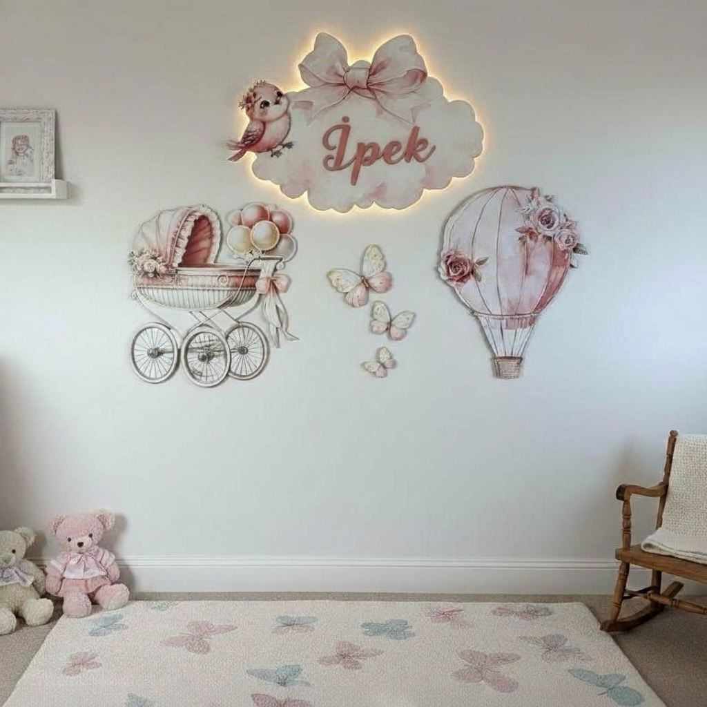 Kişiye Özel İsimli Bulut Balon Bebek Arabası 6lı Set, Kelebekler DAHİL, Led Işıklı Bebek Odası Ahşap Duvar Dekoru-İsim için Whatsapptan mesaj Atınız- - Gece Lambası