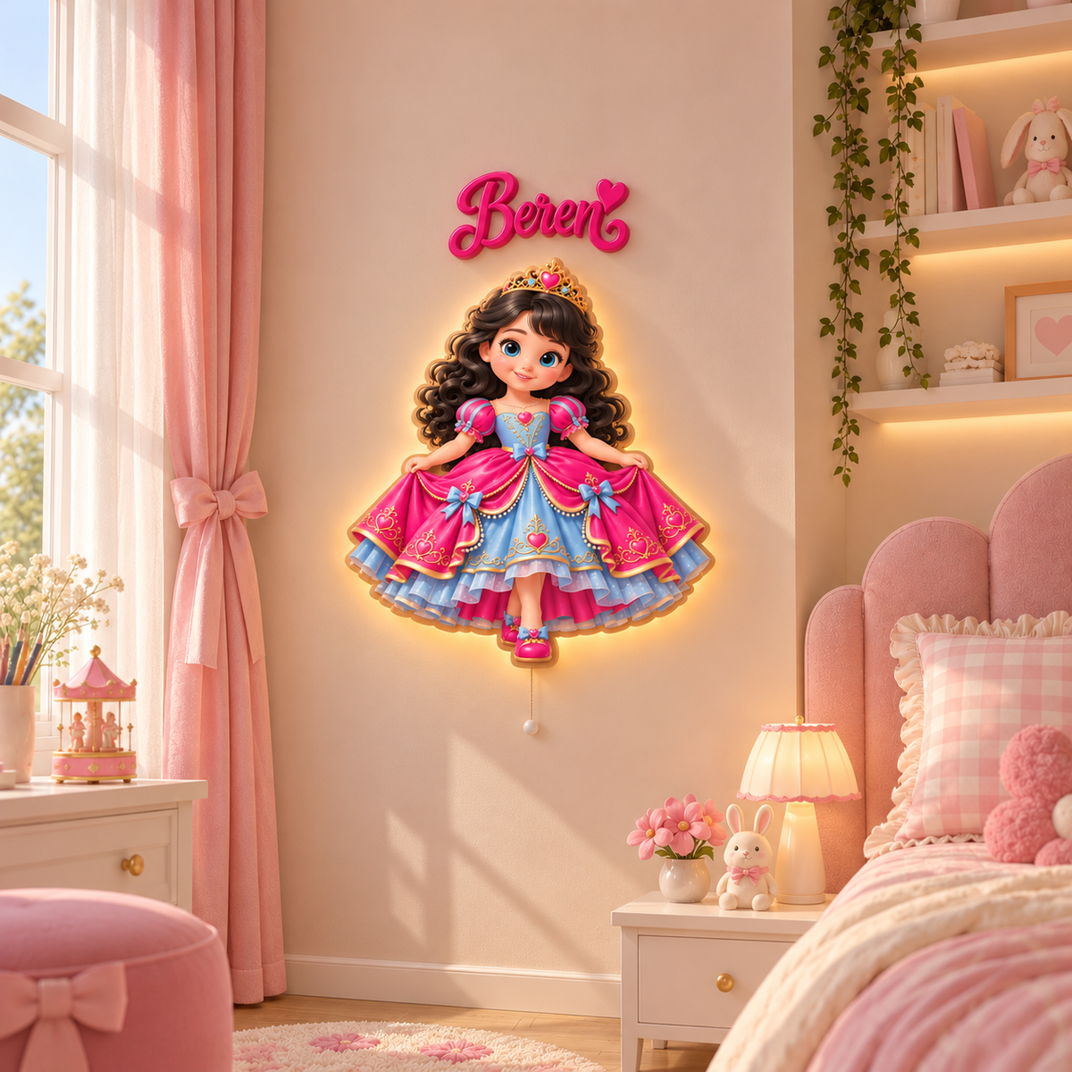 Kişiye Özel İsimli Fuşya Prenses LED Ahşap Gece Lambası