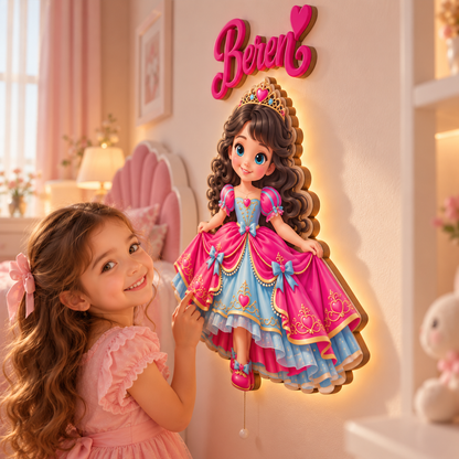 Kişiye Özel İsimli Fuşya Prenses LED Ahşap Gece Lambası
