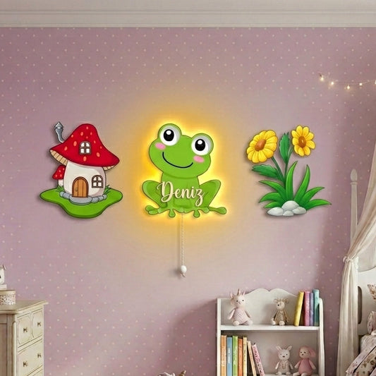 Kişiye Özel İsimli Kurbağa 3’lü LED Ahşap Gece Lambası