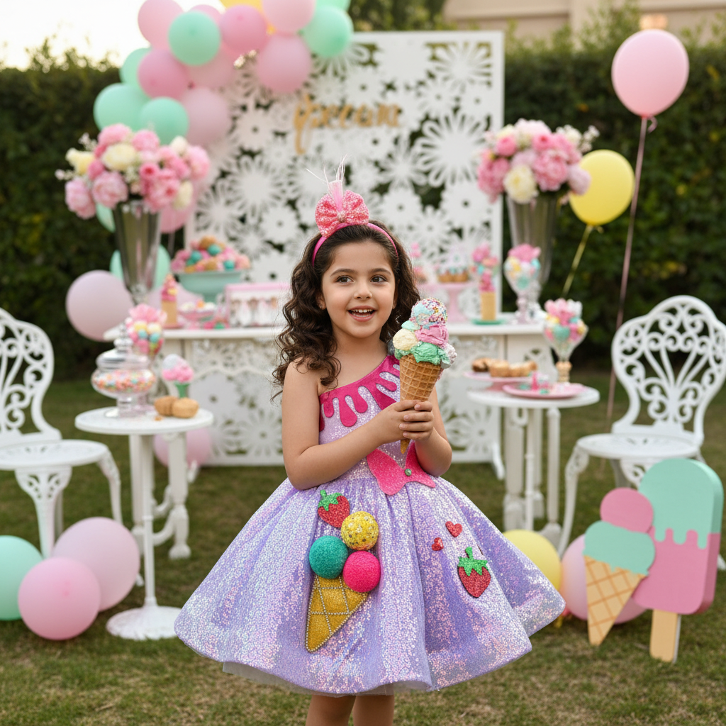 Dondurma Temalı Kız Çocuk Abiye - Bebek Parti Kostümü - ipeqakids